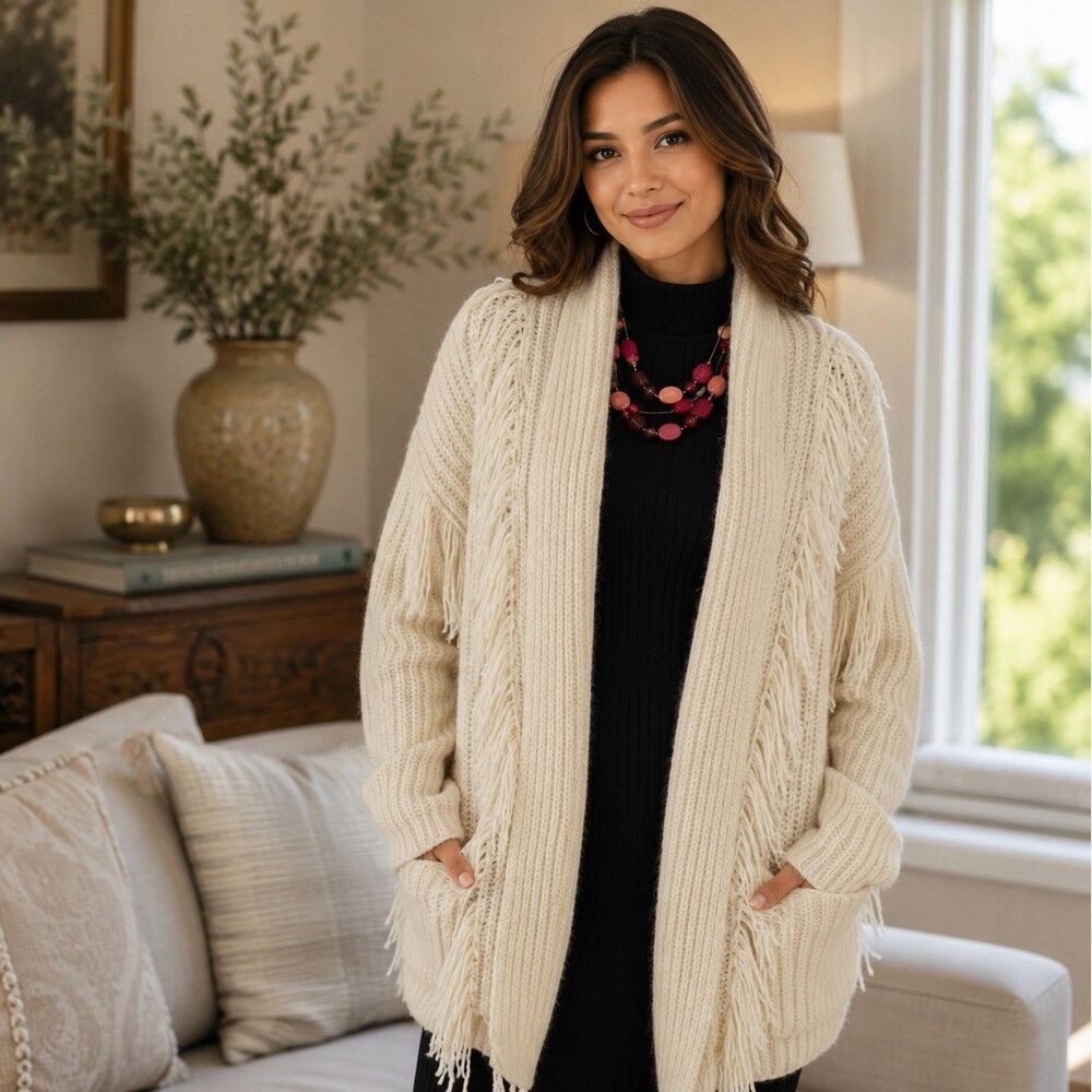 Womenβs Anthropologie White Sweater/cardigan Fringe Trim XXS Fits Loose Boho